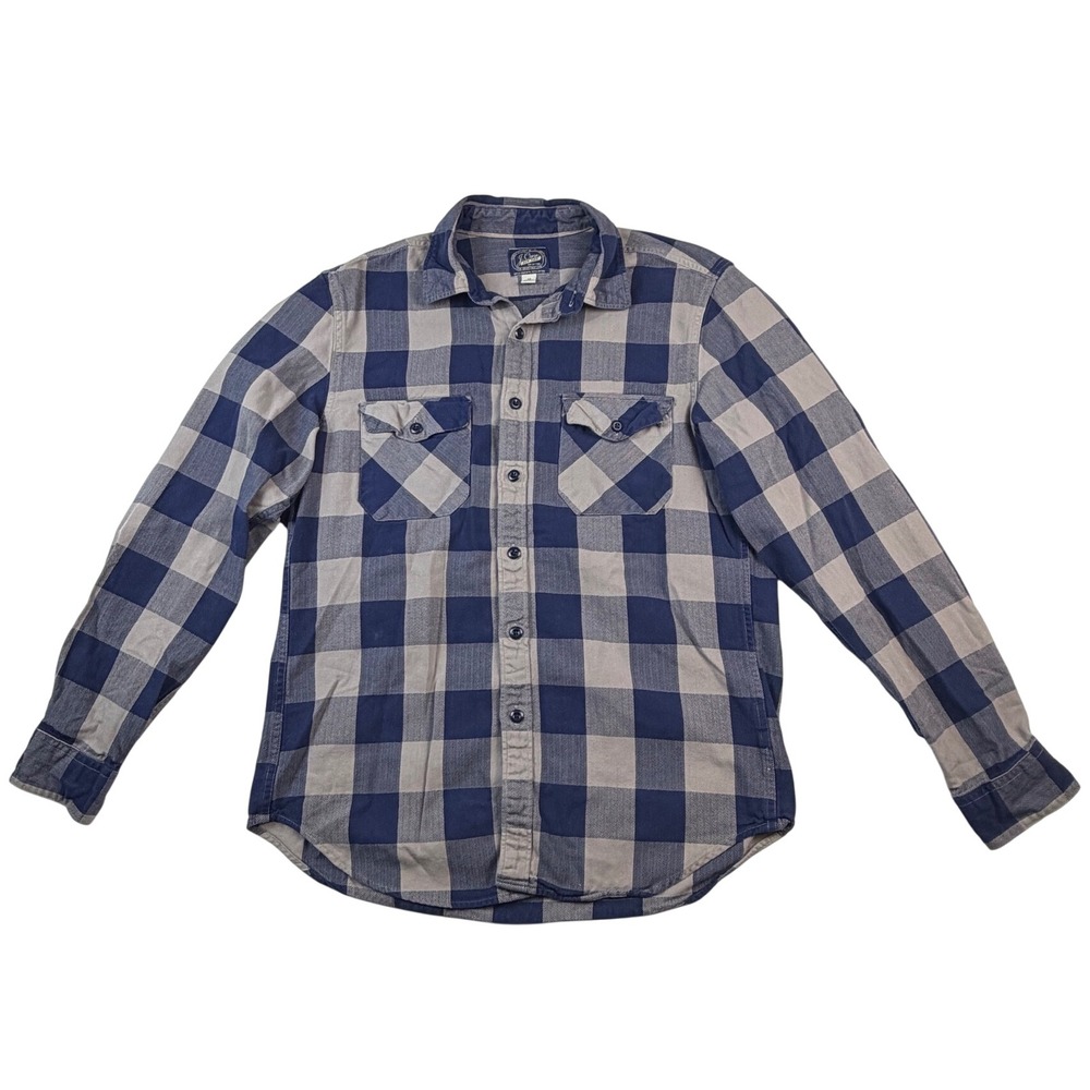 J. Crew Mens Flannel Shirt Medium Blue Grey Buffalo Plaid Herringbone Cotton